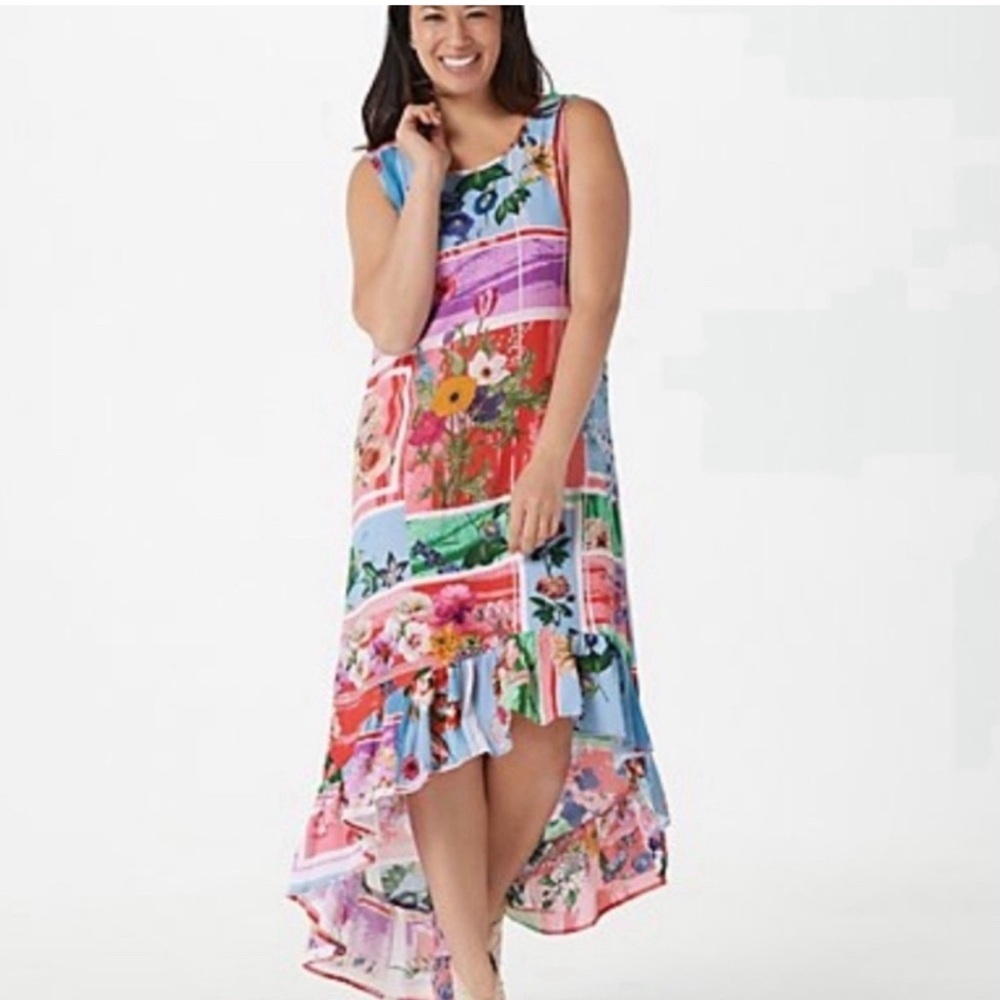 Tolani Anthropologie Hi Lo Graphic Floral Beachy Siana Midi Dress Size M